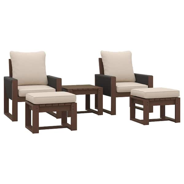 5-Piece Rustic Hemlock Wood Outdoor Patio Conversation Set with Ottomans, Beige Cushions