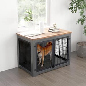 40.16 in. W Brown and Black Furniture Style Dog Cage Wooden Dog Cage Double Door Dog Cage Side Cabinet Dog Cage