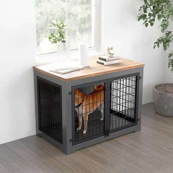 Runesay 40.16 in. W Brown and Black Furniture Style Dog Cage Wooden Dog Cage Double Door Dog Cage Side Cabinet Dog Cage
