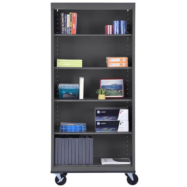 Mobile Bookcase Series 78 in. Tall Charcoal Metal 5 Shelves Standard Bookcase With Casters