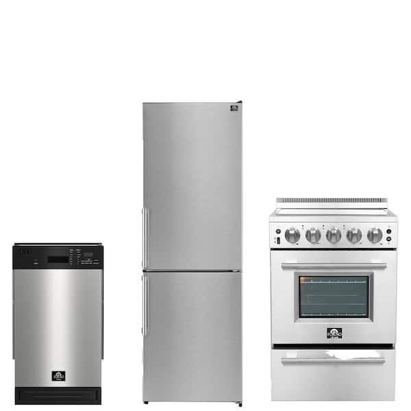 3-Piece 24 in. Electric Range, 23.4 in. Right Swing Refrigerator, 18 in. Built-In Tall Tub Dishwasher in Stainless Steel