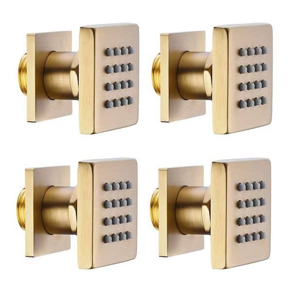 1.96 in. Square Wall Mount 1-Spray Body Jet in Brushed Gold with Spray Jets-Flow Control 4-Packs
