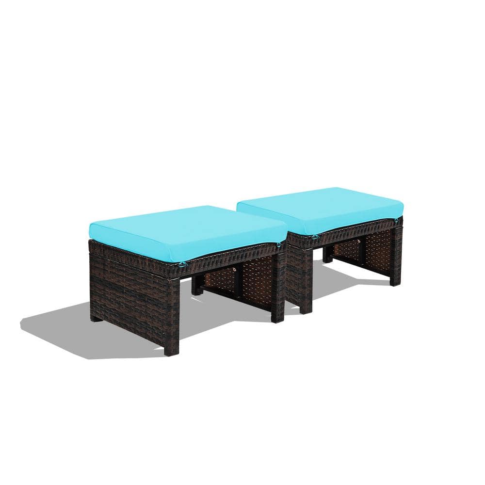 Mix Brown Frame Wicker Outdoor Ottomans with Turquoise Cushions (2-Pack)