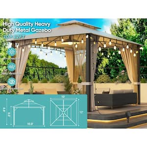 12 ft. x 10 ft. Light Brown Double Canopy Galvanized Steel Gazebo with Netting and Curtains