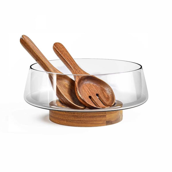 Classic 10.2 in. 160 fl. oz. Clear Glass Salad Serving Bowl with Acacia Wood Base and Serving Utensils (Set of 3)