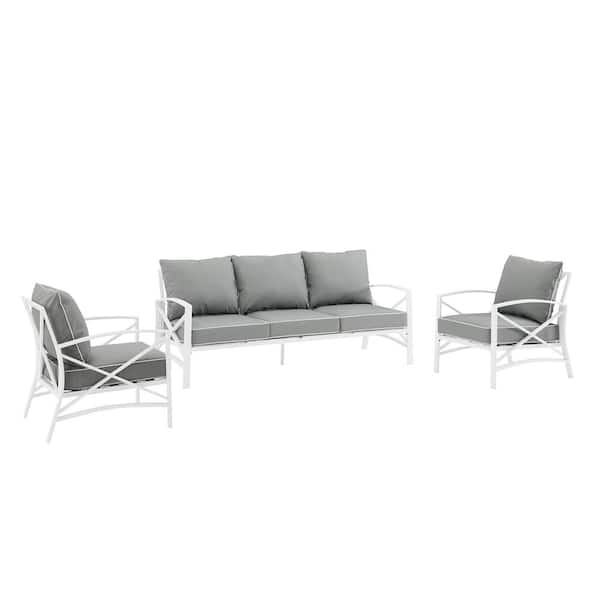 CROSLEY FURNITURE Kaplan White 3-Piece Metal Patio Conversation Set with Gray Cushions