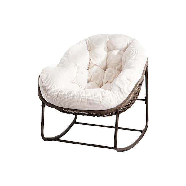 Flynama Wicker Outdoor Rocking Chair with Padded Cushion in White