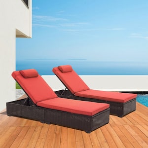 2-Piece Black Wicker Outdoor Chaise Lounge with Adjustable Backrest and Red Cushions