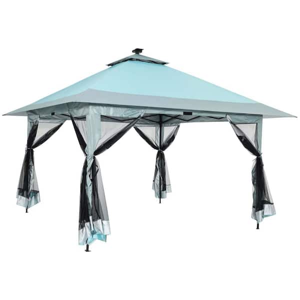 Zeus & Ruta 13 ft. x 13 ft. Blue Instant Pop Up Gazebo Canopy Tent Shelter with Solar LED Lights, Zippered Mesh Mosquito Netting