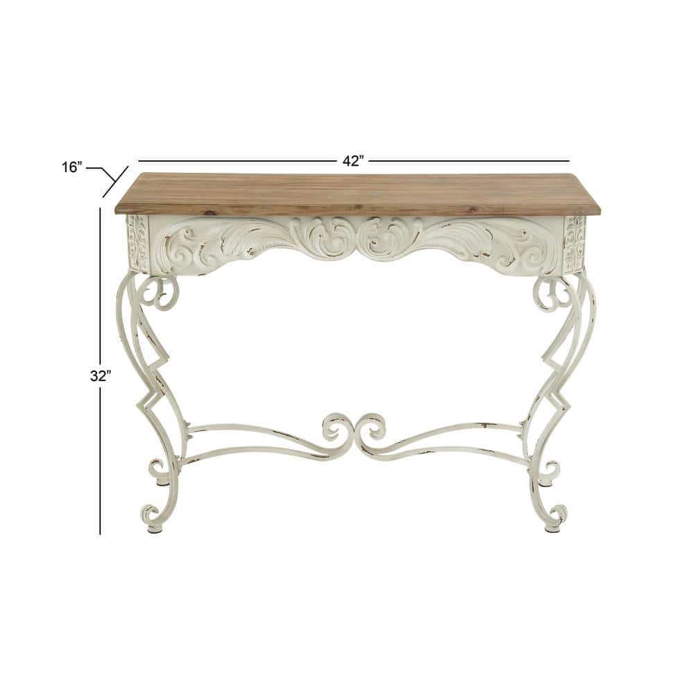 French Provincial White Metal Scroll Console Table with Fir Wood Top