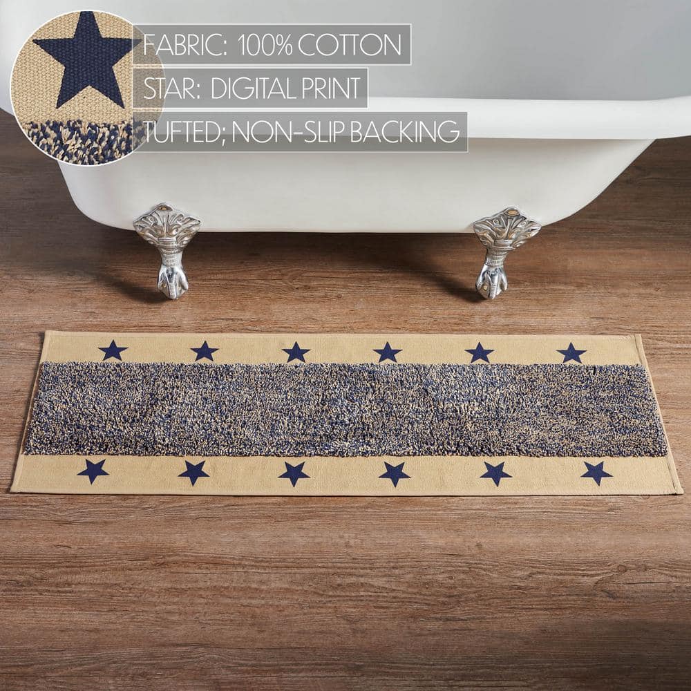 Khaki and Navy Cotton Americana Star Bath Mat, 17x48