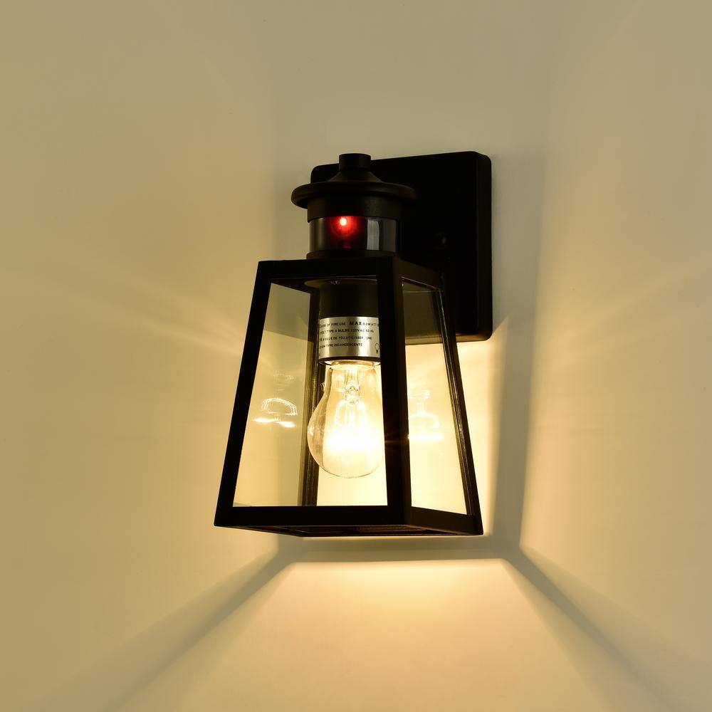 Matte Black Motion Sensor Outdoor Wall Sconce with Clear Glass