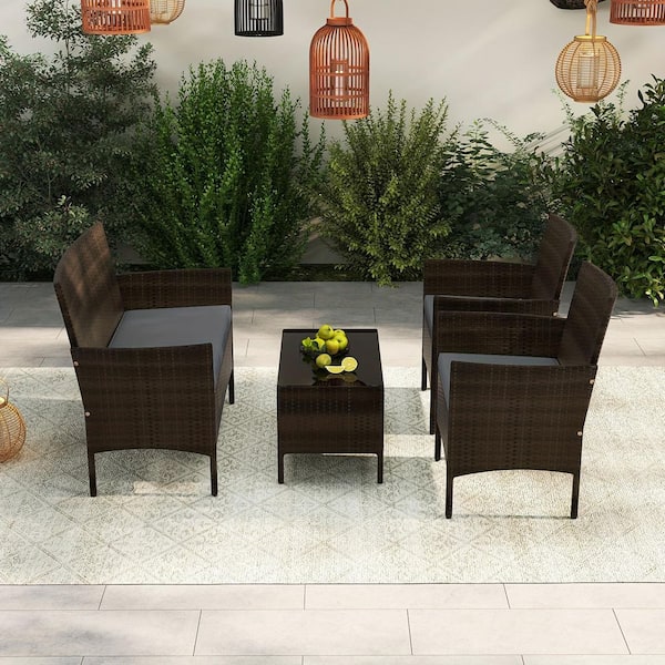 4-Piece Patio Furniture Set, Material: Metal, Cushion: Grey Patio Fire Pit