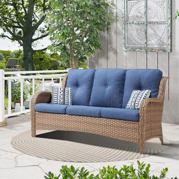 ArcoBay Metal and Yellow Wicker Outdoor 3-Seat Sectional Couch Sofa with Olefin Navy Blue Cushions