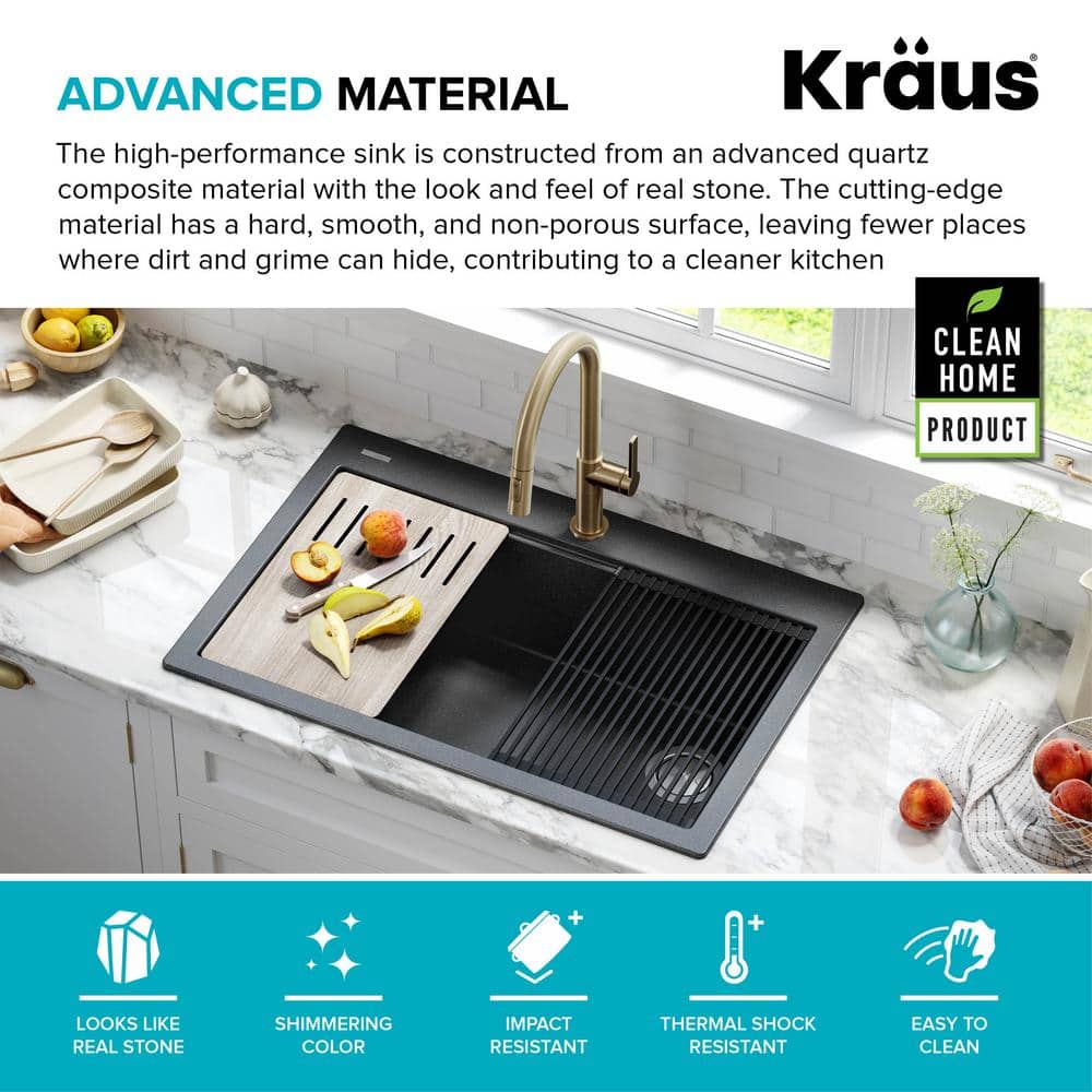 33 in. Metallic Black Granite Composite Single Bowl Kitchen Sink with Accessories