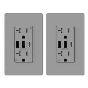 30-Watt 20 Amp 3-Port Type C and Dual Type A USB Duplex USB Wall Outlet, Wall Plate Included, Gray (2-Pack)