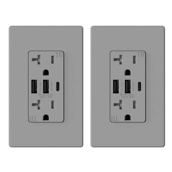 ELEGRP 30-Watt 20 Amp 3-Port Type C and Dual Type A USB Duplex USB Wall Outlet, Wall Plate Included, Gray (2-Pack)
