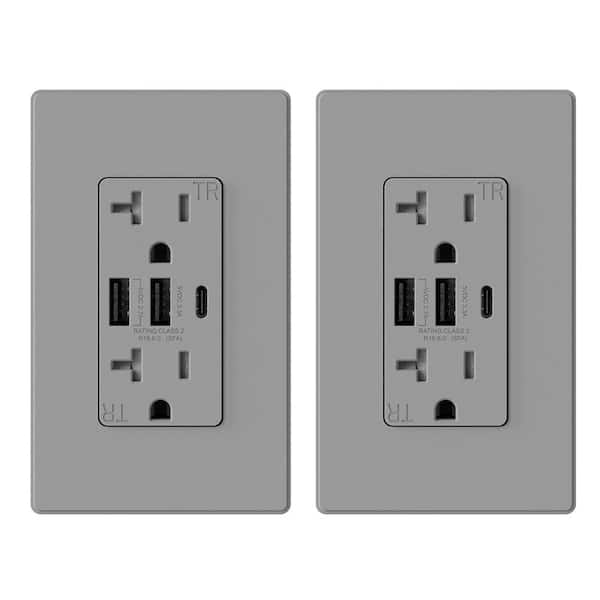 30-Watt 20 Amp 3-Port Type C and Dual Type A USB Duplex USB Wall Outlet, Wall Plate Included, Gray (2-Pack)