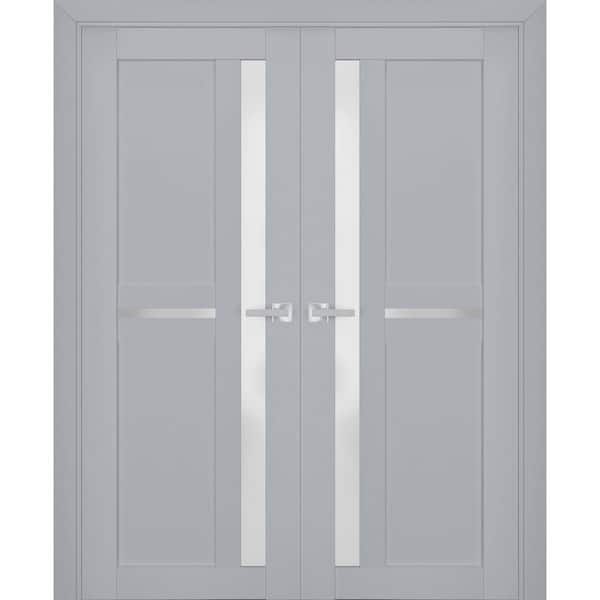 Sartodoors 36 in. x 96 in. 2 Panel Matte Grey Finished Solid Wood Sliding Door with Hardware