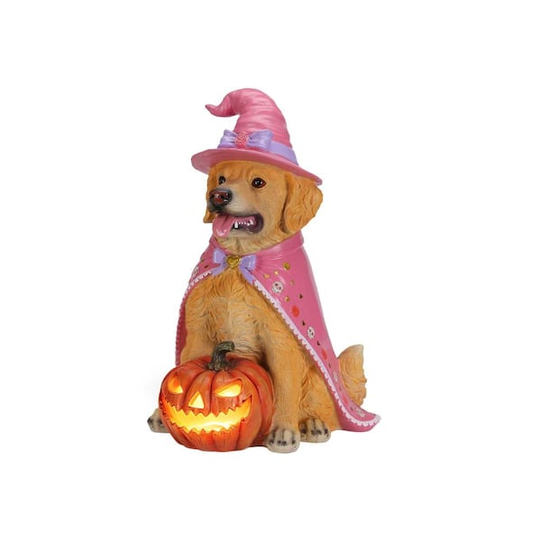 Halloween Golden Retriever Dog Statue, Large Sitting Dog Figurine with Pink Witch Hat & Cape