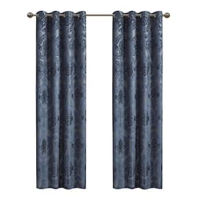 Loraine Navy Damask Knitted Jacquard Paisley 50 in. W x 108 in. L Blackout Grommet Top Curtain