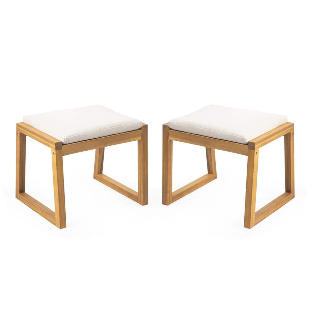 Acacia Wood Outdoor Ottoman Bench (Set of 2) with Beige Waterproof Cushion