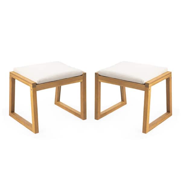 Unbranded Acacia Wood Outdoor Ottoman Bench (Set of 2) with Beige Waterproof Cushion