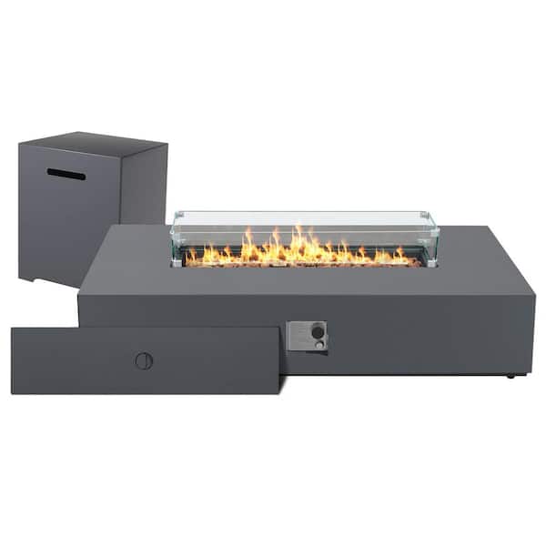56 in. Rectangular Magnesium Oxide Outdoor Fire Pit Table with Tank Cover, Wind Guard and Rain Cover in Dark Grey