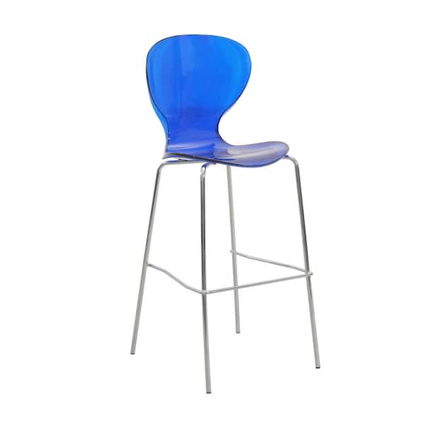 Leisuremod Oyster Mid-Century Modern Acrylic Barstool with Steel Frame in Chrome Finish (Transparent Blue)