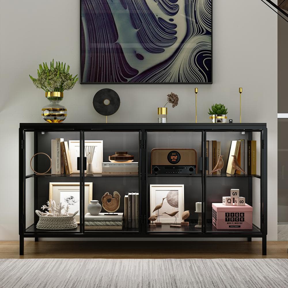 Black Wood Accent Cabinet with Glass Doors and LED Lighting
