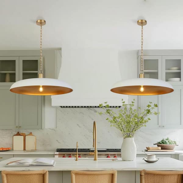 Modern Farmhouse 33.5 in. W 1-Light Gold Pendant Lamp, Round Pendant Light for Kitchen Island with White Dome Shade