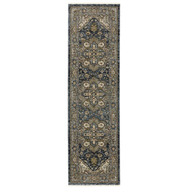 AVERLEY HOME Ambrose Blue 2 ft. x 8 ft. Traditional Oriental Medallion Polyester Fringe Edge Indoor Runner Area Rug