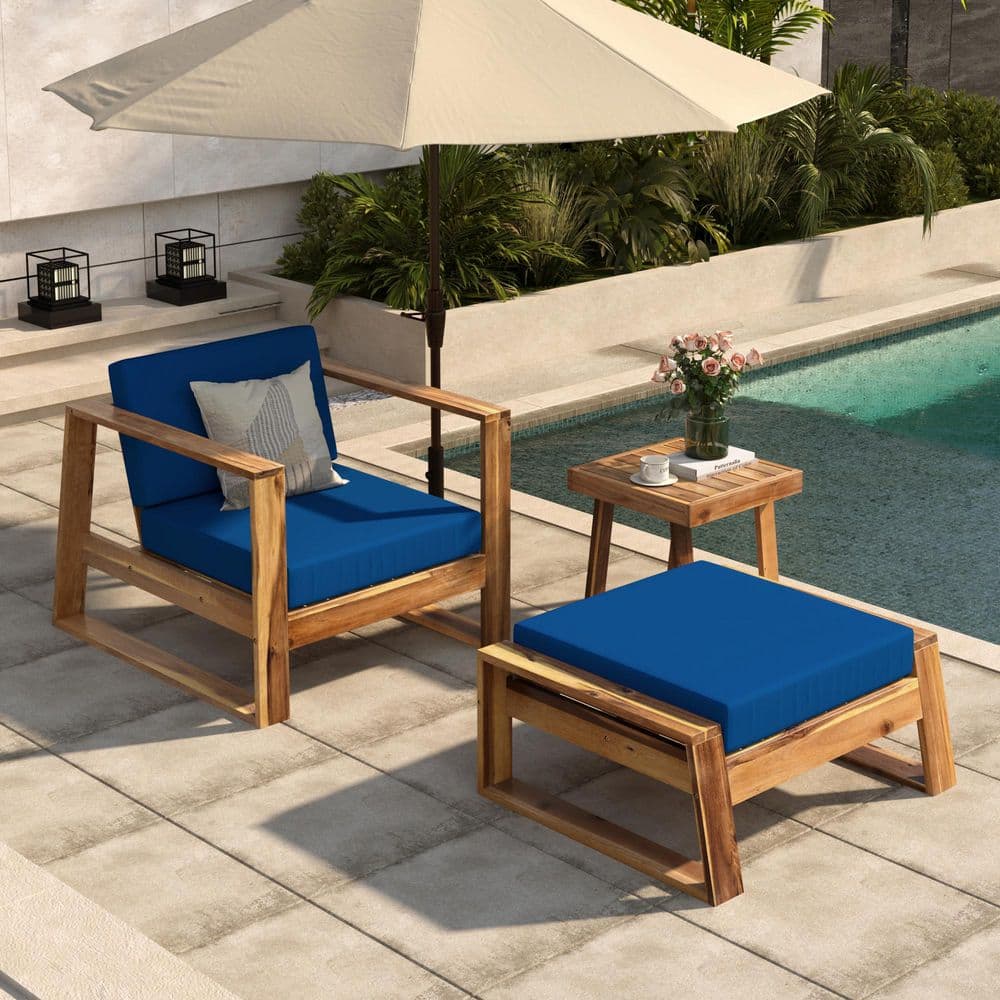 U_Style Acacia Wood Outdoor Lounge Chair Set-Chair and Ottoman with Blue Cu