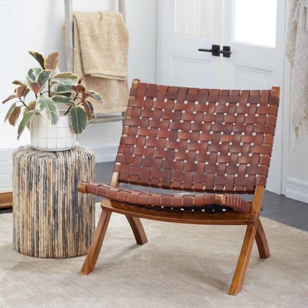 Litton Lane Contemporary Brown Woven Leather Seat with Mahogony Wood Back Folding Chair