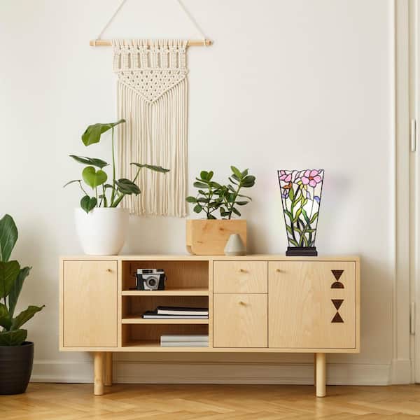 Flora 15.5 in. Antique Bronze Vase Table Lamp with Multi Colored Glass Shade