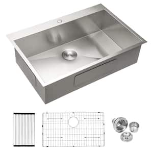 28 in. Drop-In Single Bowl 18-Gauge Brushed Nickel Stainless Steel Kitchen Sink with Bottom Grids, Drying Rack