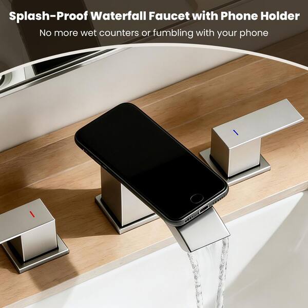 Curve Waterfall 8 in. Widespread 2-Handle Bathroom Faucet 3-Hole Bath Sink Faucet with Pop-Up Drain in Brushed Nickel