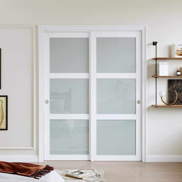 64 in. x 80 in. 3-Lite Tempered Frosted Glass White Finished Solid Core Wood Closet Sliding Door with Hardware Kit