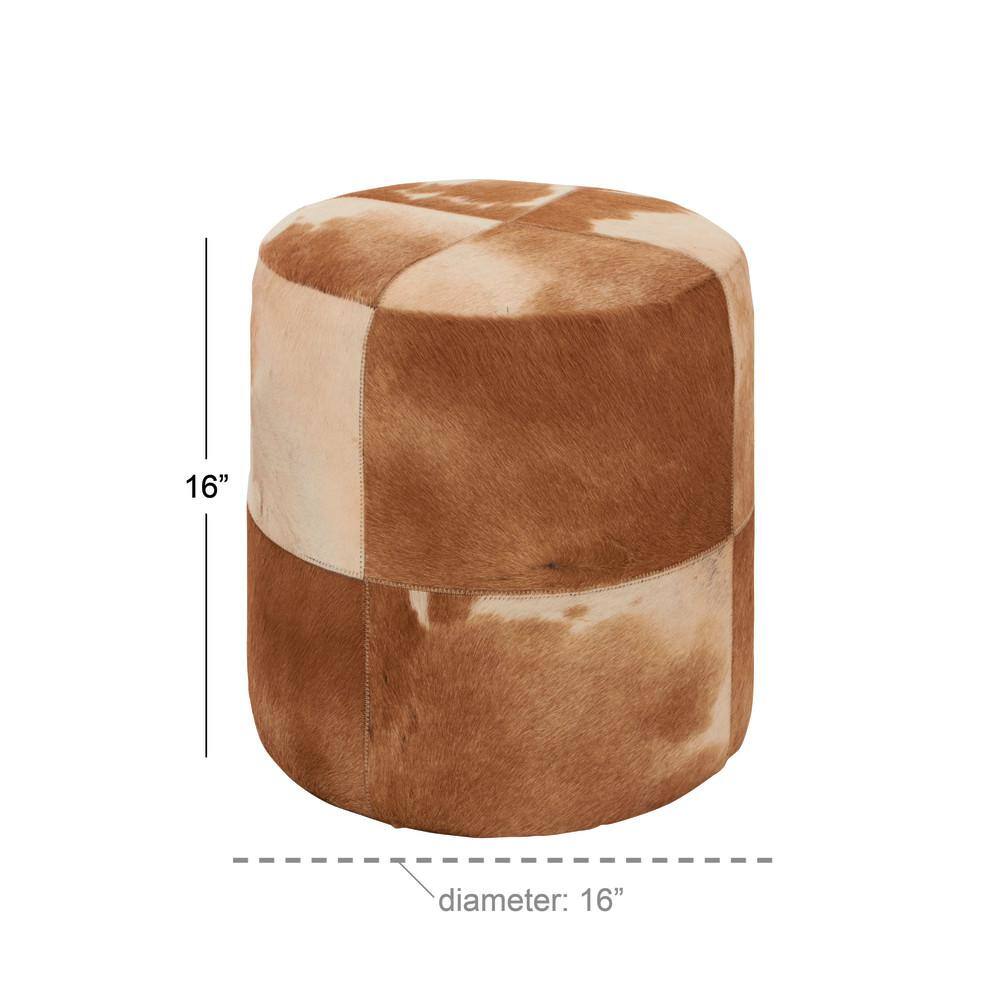 Handmade Patchwork Leather Cylinder Ottoman in Brown - 16" x 16" x 16"