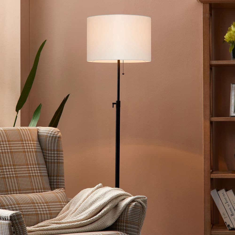 Adjustable Black Metal Floor Lamp with Beige Drum Shade