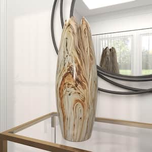 21 in. Beige Marbled Ceramic Decorative Vase with Angled Edge Opening and Rust Accents