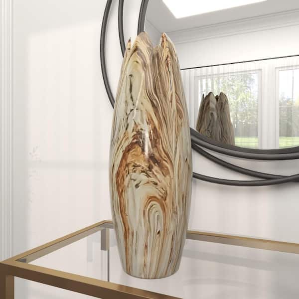 Litton Lane 21 in. Beige Marbled Ceramic Decorative Vase with Angled Edge Opening and Rust Accents