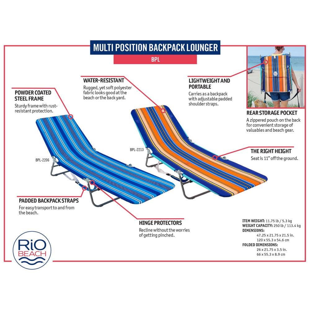 Blue and Orange Striped Folding Beach Lounger with Steel Frame