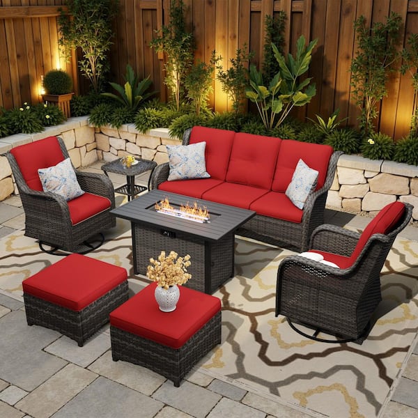 7-Piece Fire Pit Patio Set Wicker Outdoor Patio Conversation Set with Swivel Rocking Chairs, Ottomans and Red Cushions