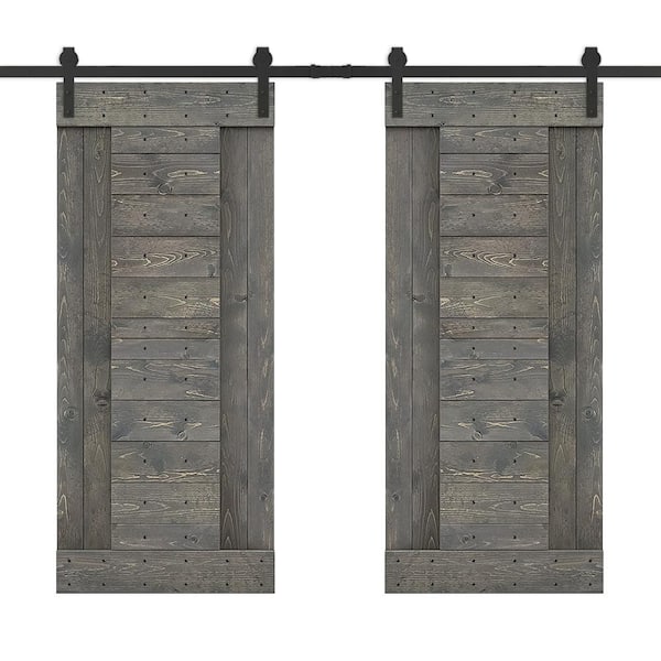 CALHOME 48 in. x 84 in. Weather Gray Stained DIY Knotty Pine Wood Interior Double Sliding Barn Door with Hardware Kit