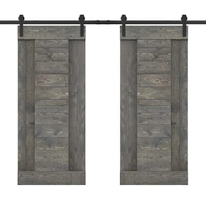 84 in. x 84 in. Weather Gray Stained DIY Knotty Pine Wood Interior Double Sliding Barn Door with Hardware Kit