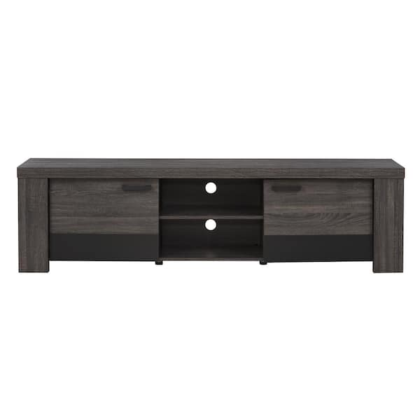 CorLiving Joliet 71 in. Distressed Carbon Grey and Black Duotone Wood TV Stand Fits TVs Up to 80 in. with Storage Doors