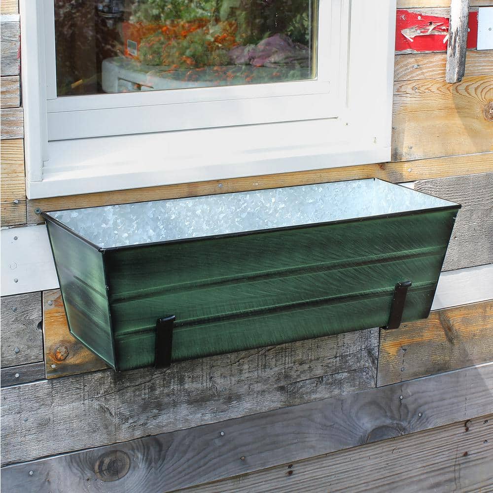 Medium Green Galvanized Flower Box with Black Wall Brackets