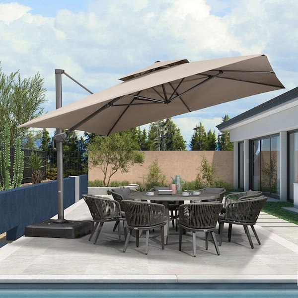 10 ft. x 13 ft. 2-Tier Windproof Aluminum Large Fade-Resistant Cantilever 360° Patio Umbrella with Base, Ash Mocha