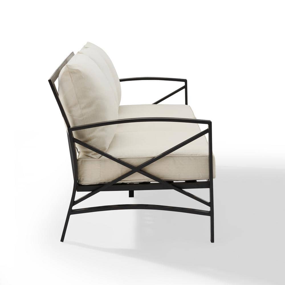 Oatmeal Cushioned Black Metal Three-Seat Outdoor Sofa
